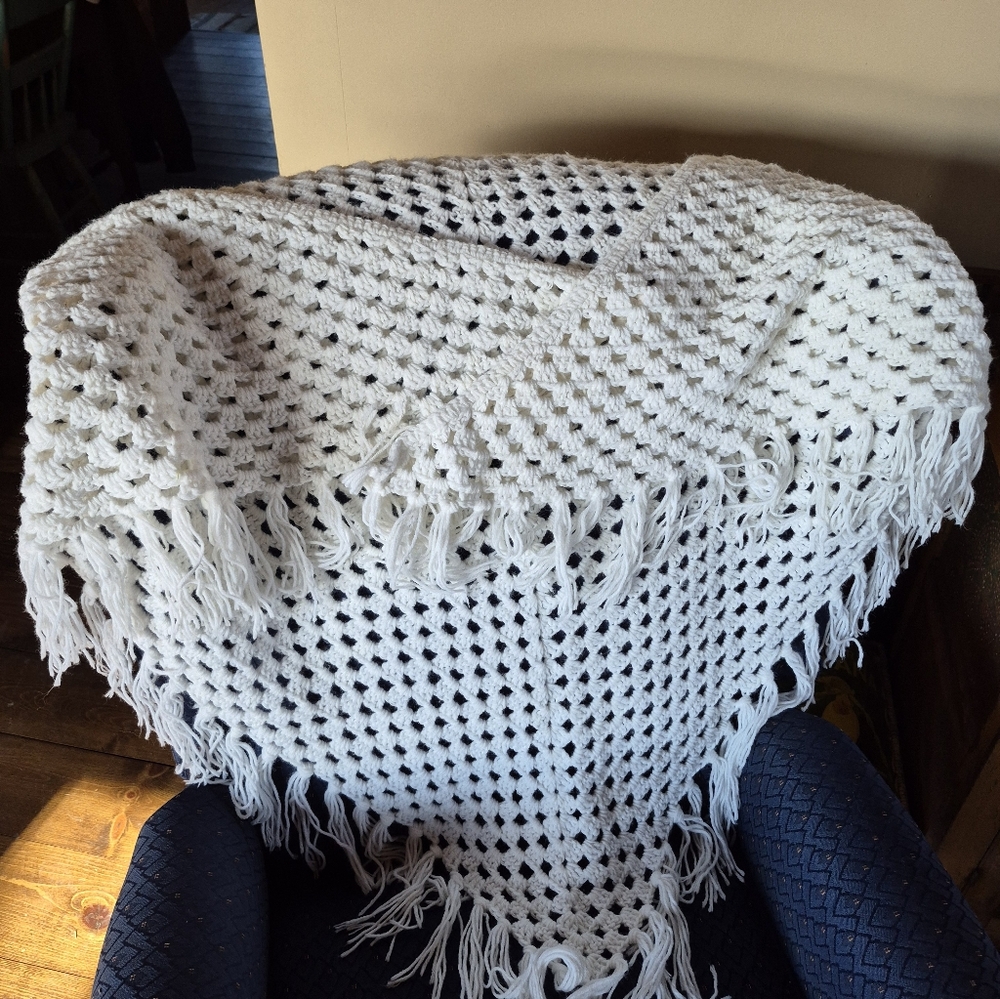 Hand Made White Crochet Shawl Vintage